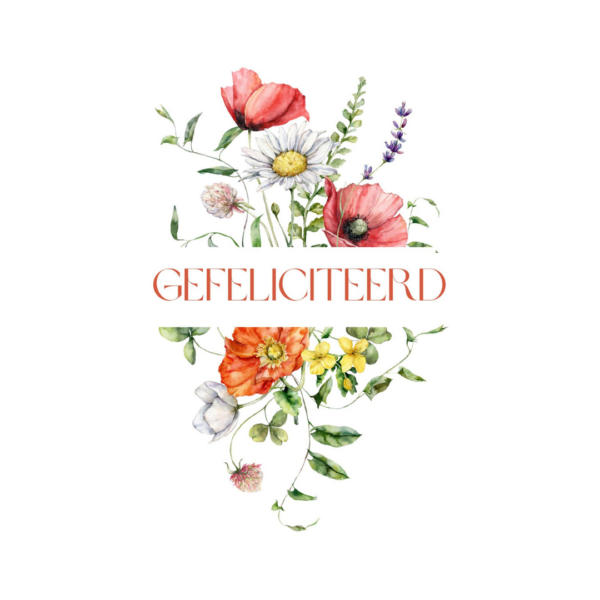Gefeliciteerd kaart met aquarel veldbloemen, klaprozen, margriet en lavendel