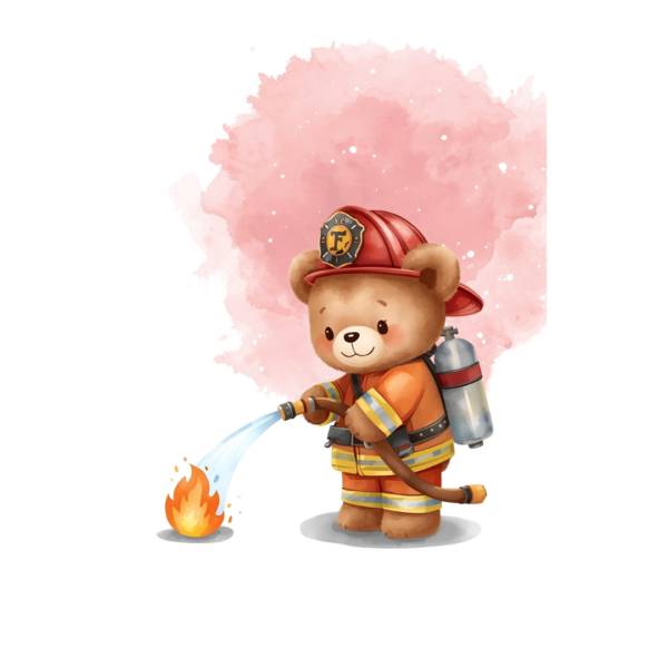 Schattige teddybeer in brandweerpak blust vuur met waterslang en zuurstoftank op roze achtergrond