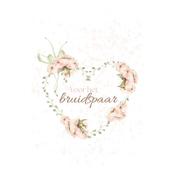 Hartvormige bloemenkrans met roze pioenrozen en eucalyptus met tekst voor het bruidspaar