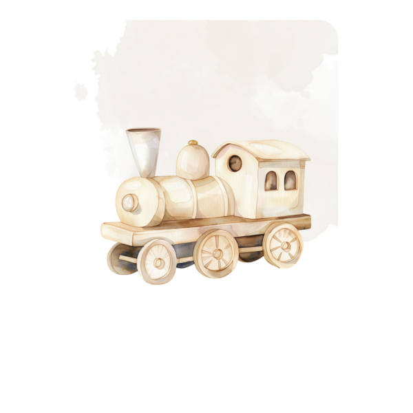 Houten speelgoedtrein met schoorsteen en wielen op neutrale achtergrond